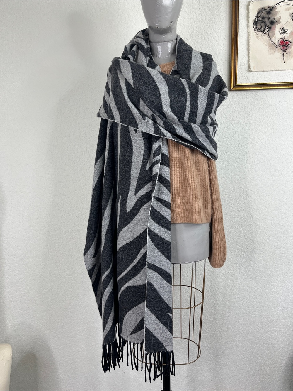 Rag & Bone Oversized Fringed Zebra Print Wool Blend Scarf Wrap